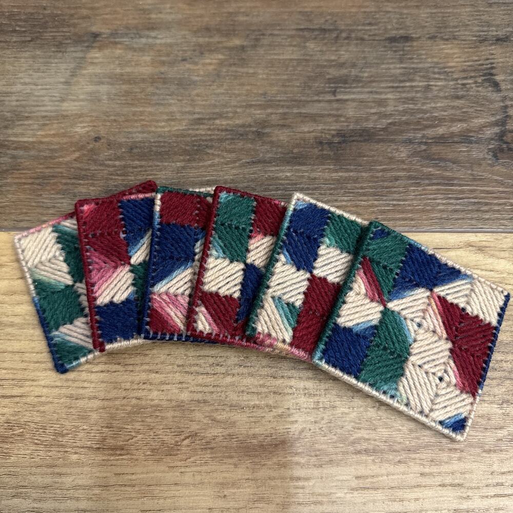 Vintage Handmade Plastic Canvas Yarn 6 Coasters Set 3.25” Boho MCM